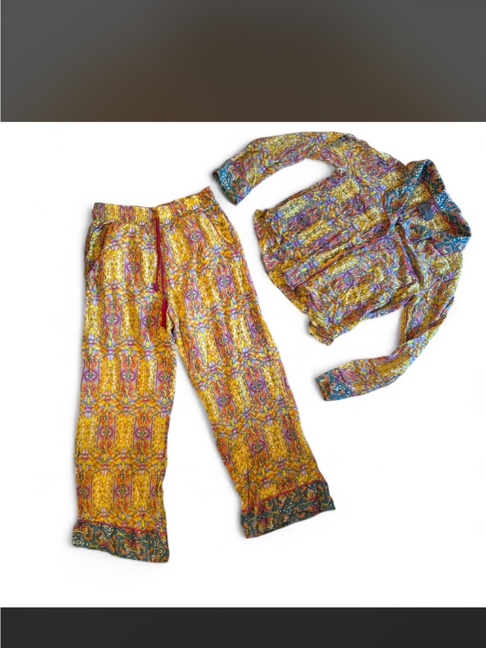 Anthropologie Yellow Patterned Wide Leg Lounge/Pj Set